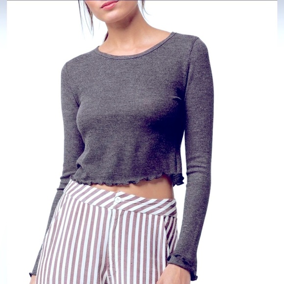 Bozzolo Tops - Bozzolo Womens Thermal Crop Top Waffle Knit Long Sleeve Size L Gray NWT
